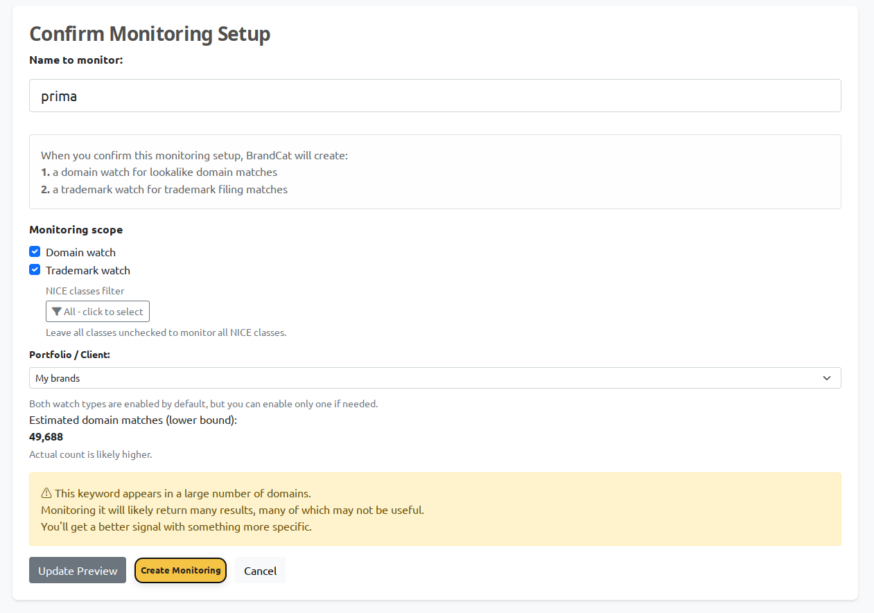 BrandCat warning for a keyword likely to produce too many domain matches