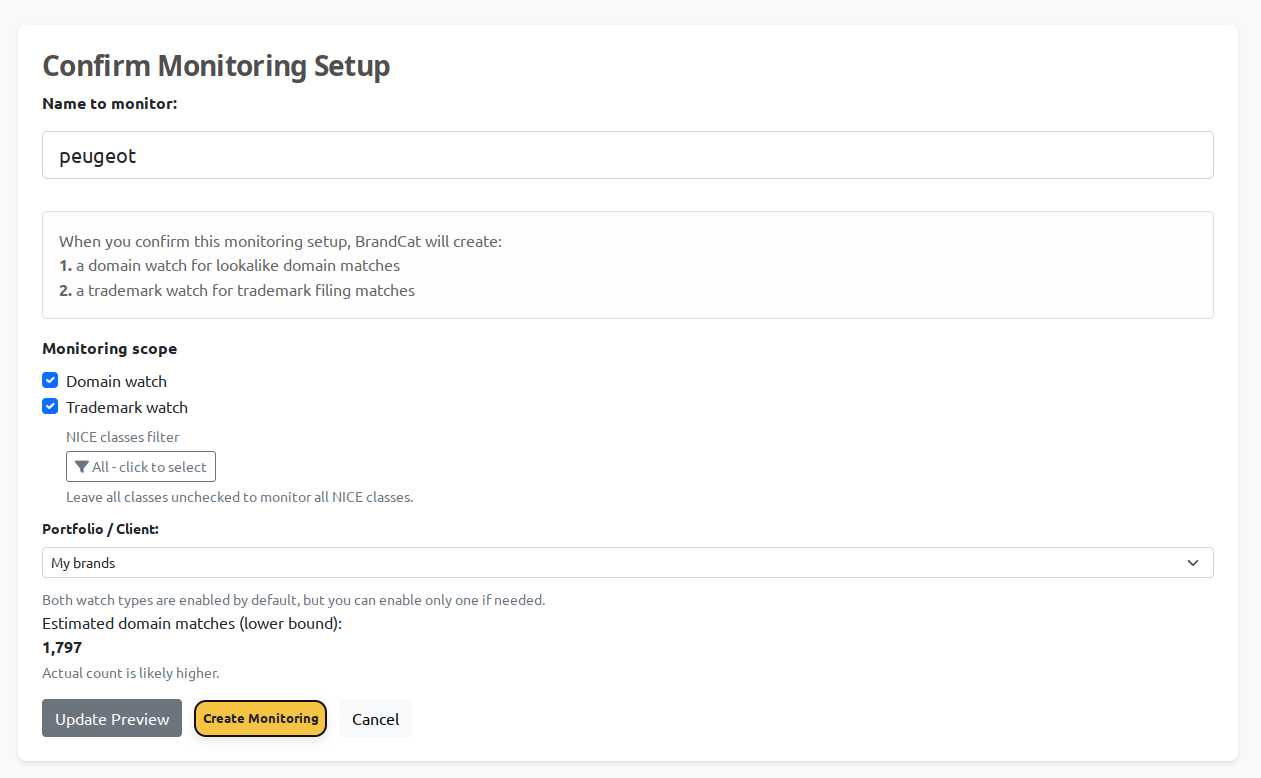 Confirming a domain and trademark monitoring setup in BrandCat