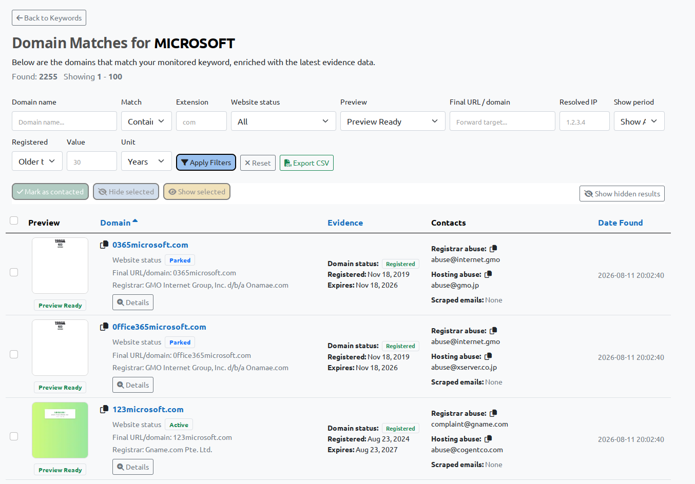 BrandCat domain matches page showing filters, results, and evidence