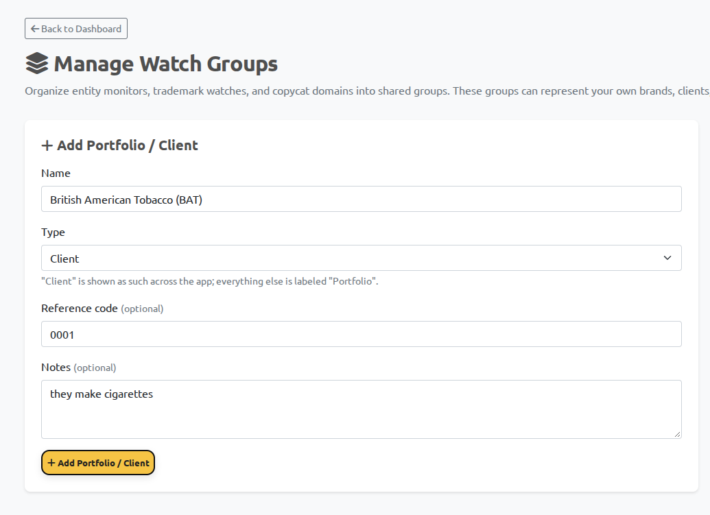 Create a client or portfolio to keep related trademark watches together.
