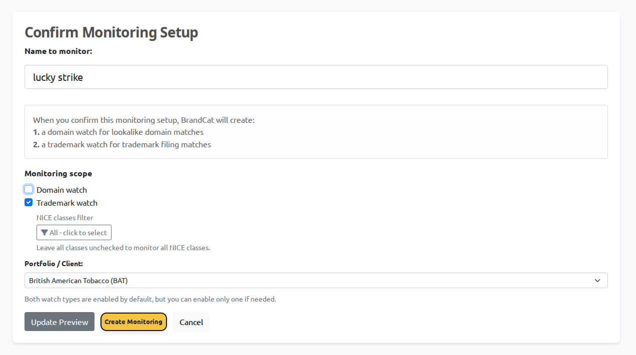Confirm the watched wording and group, and use the monitoring-scope checkboxes to choose the watch types. This screenshot still shows the all-class default.