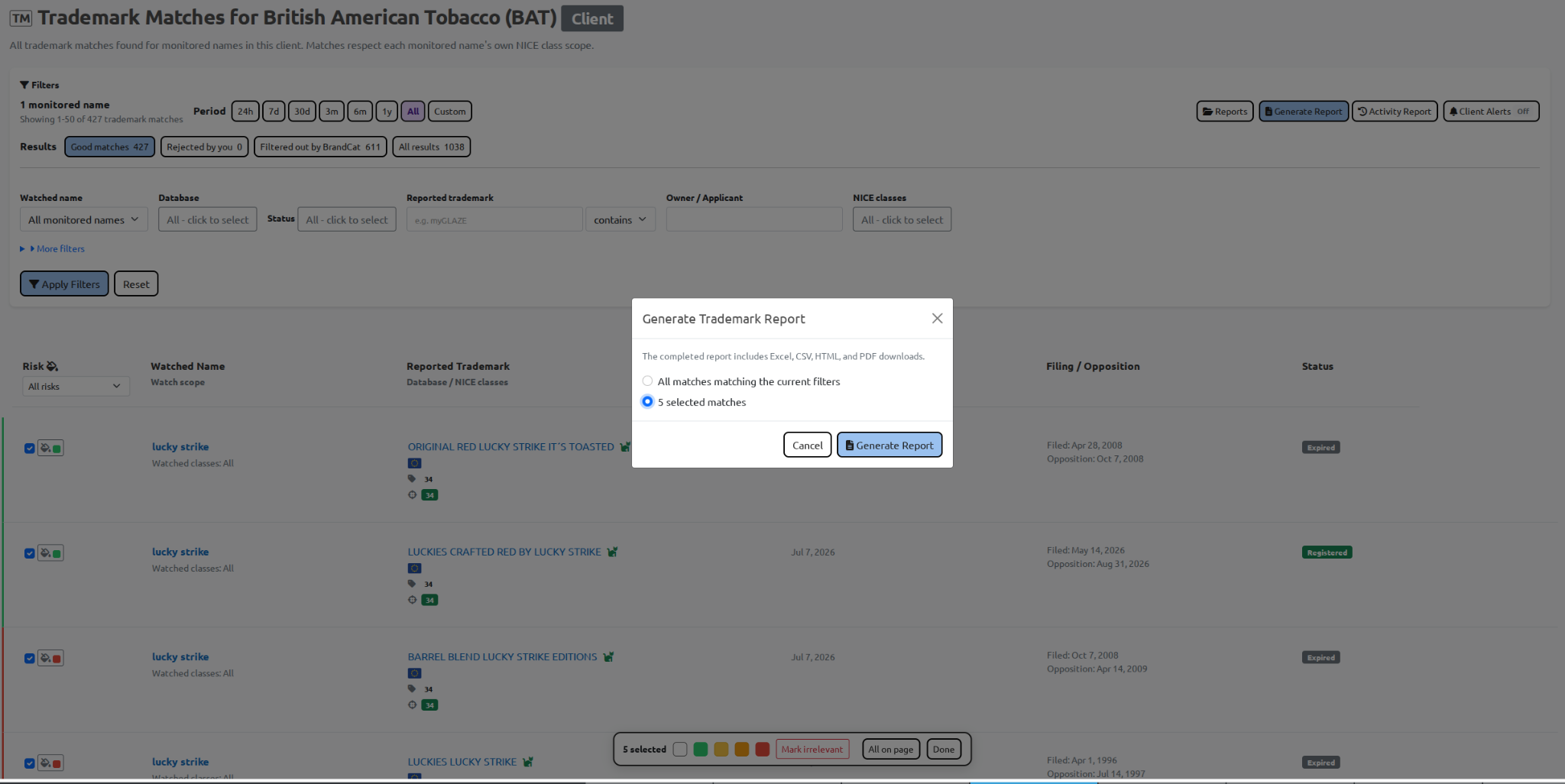 Choose whether to report all matches matching the current filters or only the selected matches.