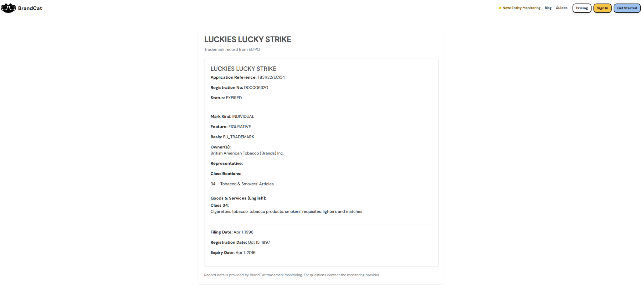 The shareable record view shows the underlying trademark details without requiring the recipient to sign in.