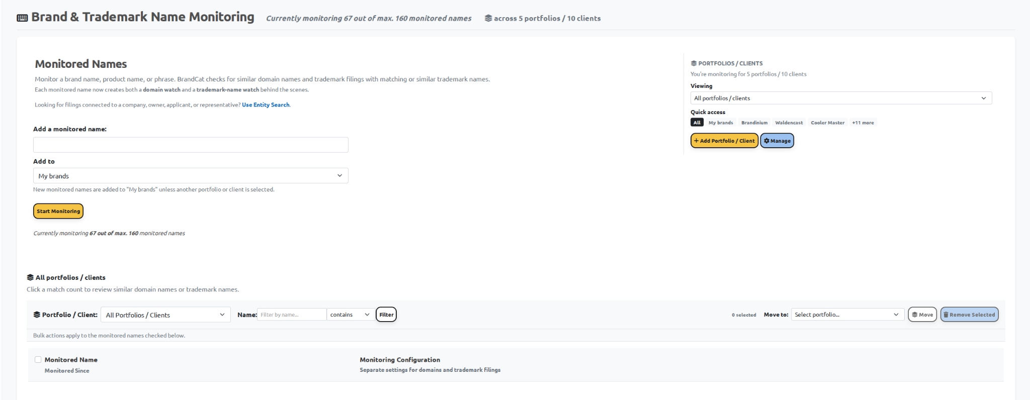 The monitoring section is part of the main dashboard. The Viewing dropdown and Quick access buttons are at the upper right; the Portfolio / Client and Name filters are above the watched-name list.