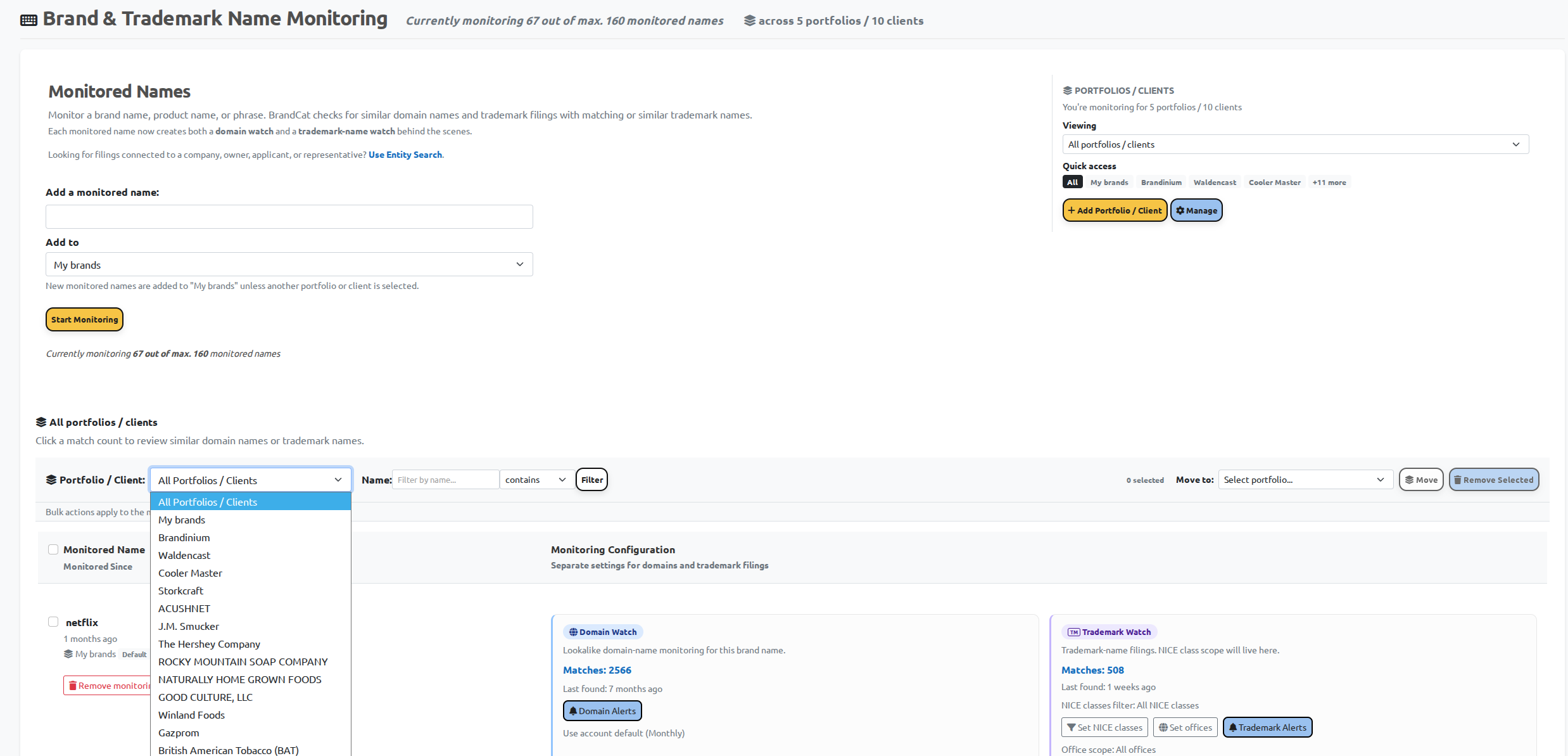 Use Add to on the dashboard to assign a new monitored name to a client or portfolio. This is separate from filtering the displayed list.