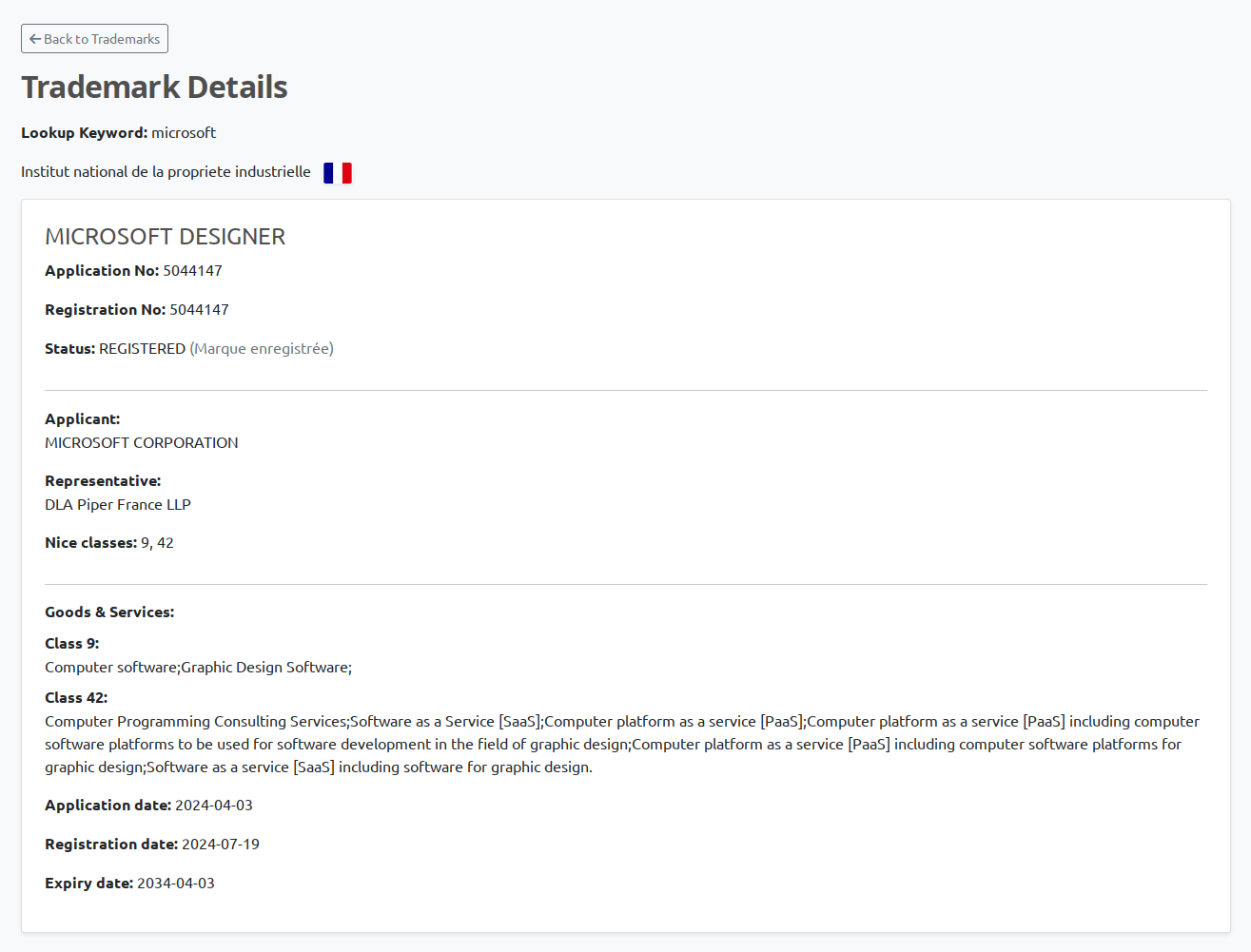 INPI France trademark detail view in BrandCat