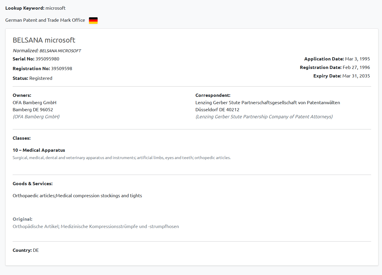 BrandCat DPMA Germany trademark detail showing translated Goods and Services text together with the original German wording