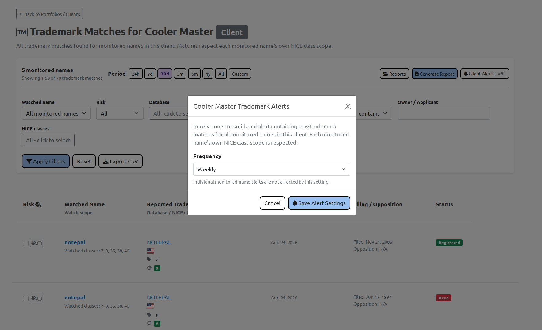 BrandCat consolidated trademark alert settings for a client portfolio