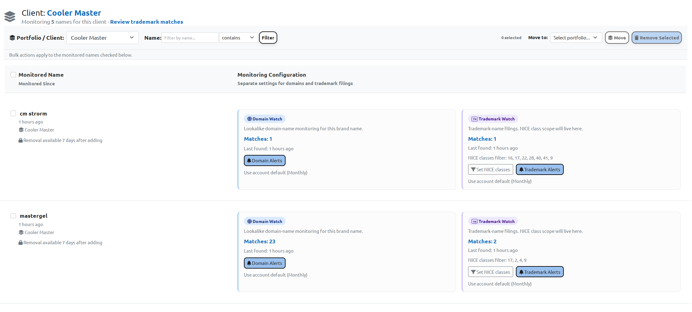 BrandCat Cooler Master example portfolio showing separate Domain Watch and Trademark Watch settings for monitored names