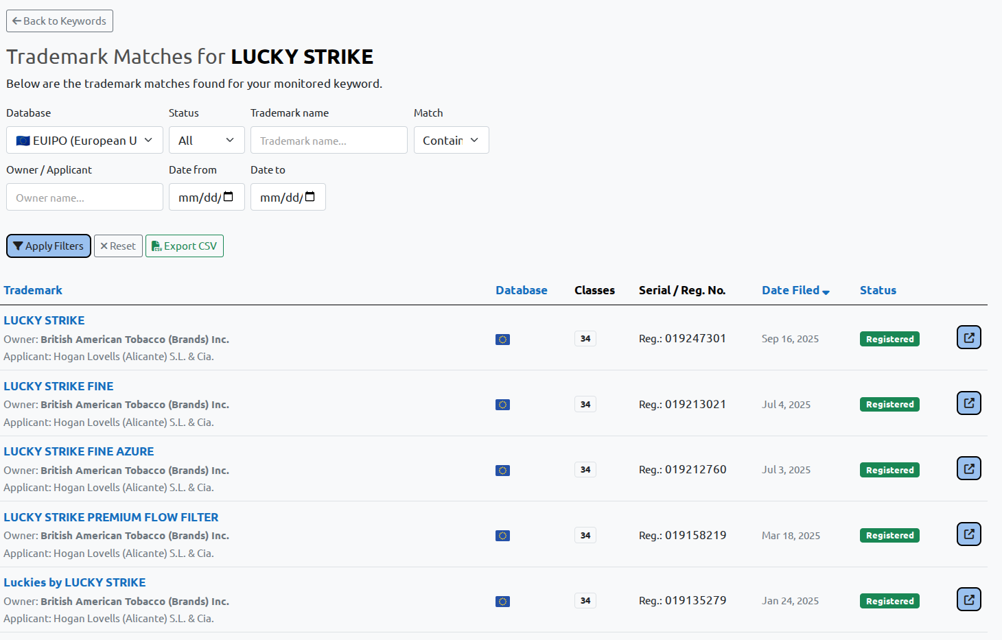EUIPO trademark monitoring results list in BrandCat