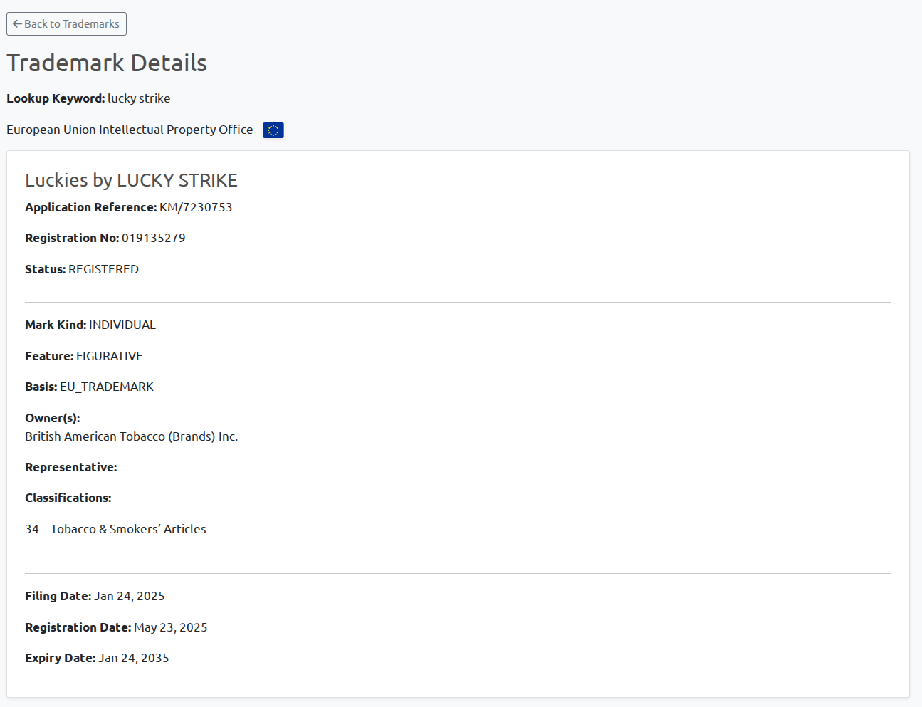 EUIPO trademark details view