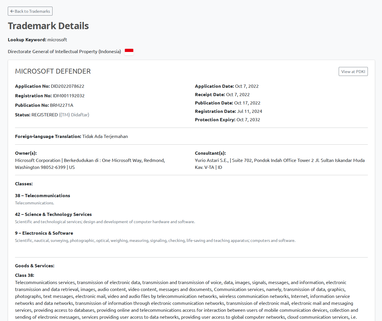 PDKI Indonesia trademark record detail view in BrandCat