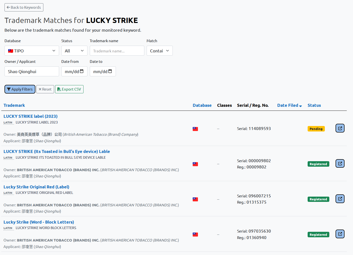 TIPO trademark results filtered using the Latin-script equivalent of the same applicant name