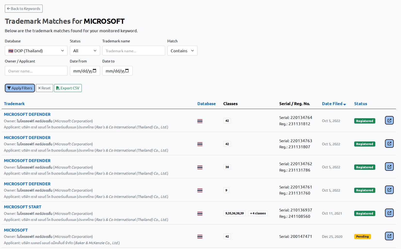 Thailand DIP trademark results with translated Thai-script fields in BrandCat