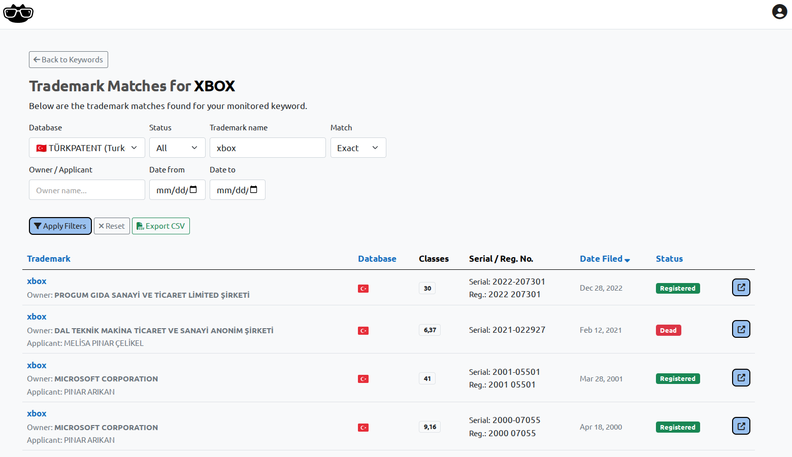 TÜRKPATENT Turkey trademark monitoring results list in BrandCat