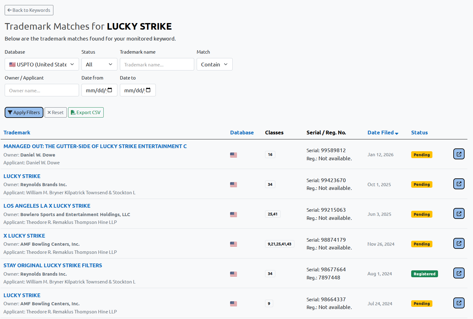 USPTO trademark monitoring results list in BrandCat