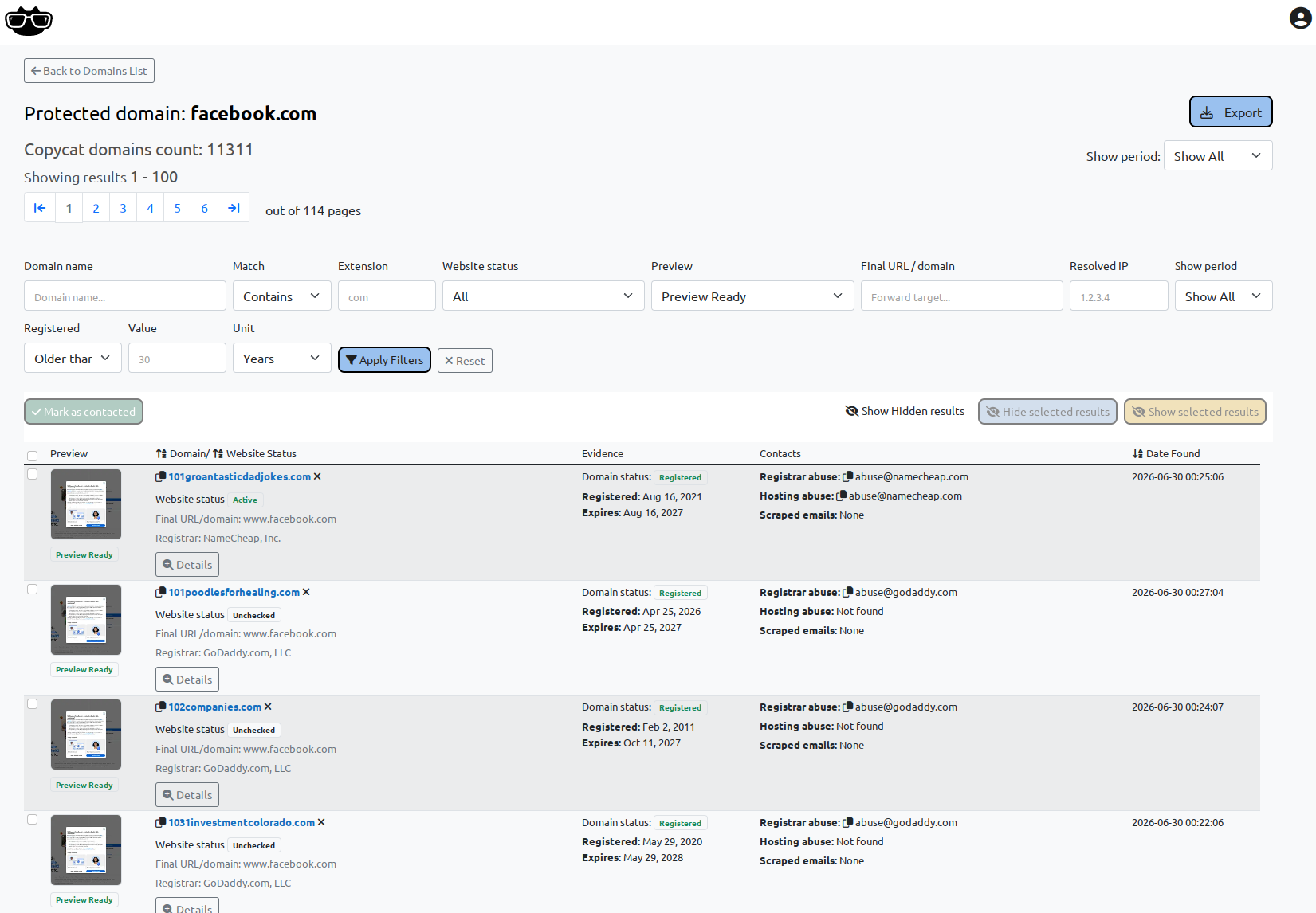 BrandCat copycat domain results with screenshot previews, final destinations, registration, and hosting evidence