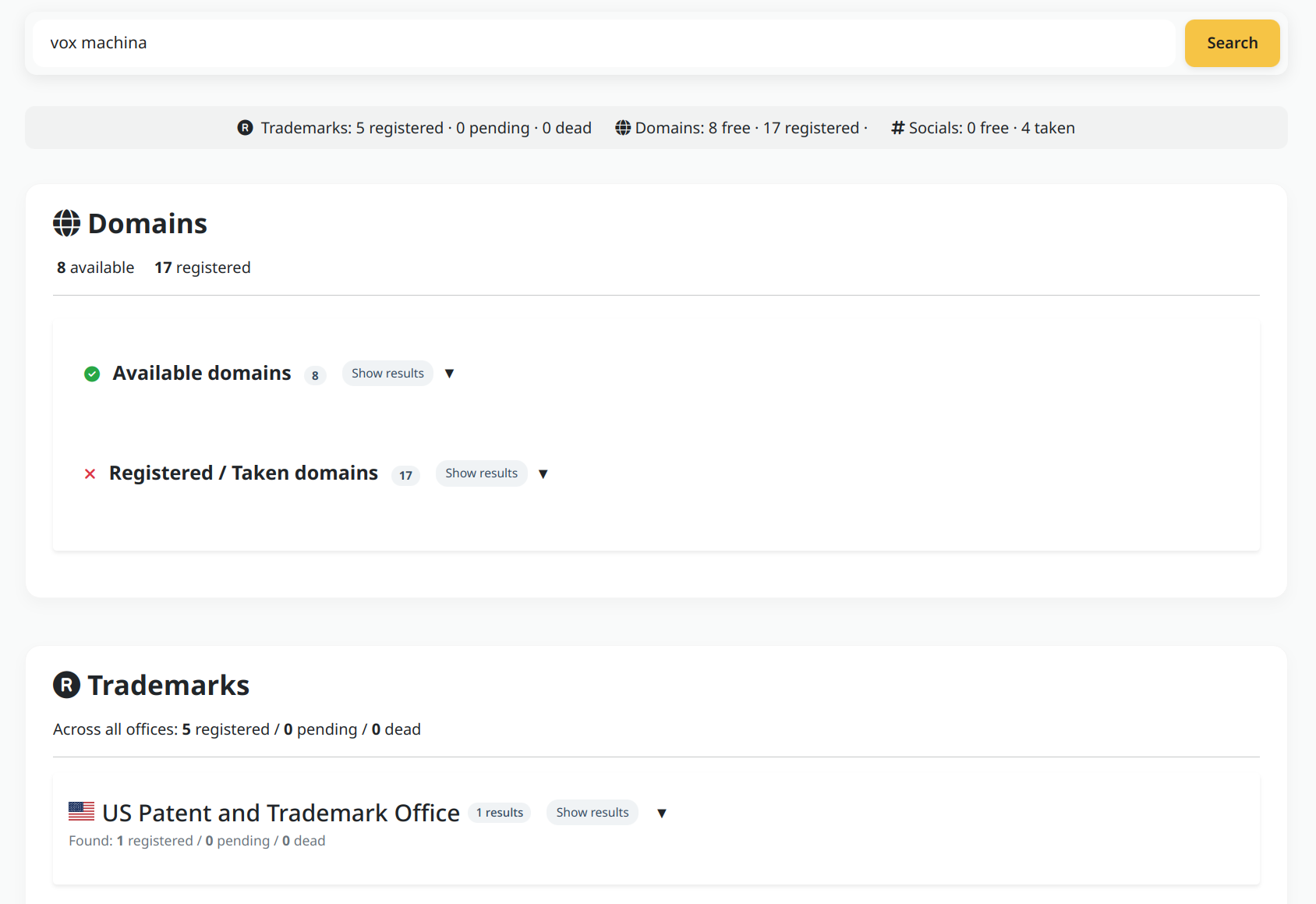 Example of early-stage checks across domains, trademarks, and social handles