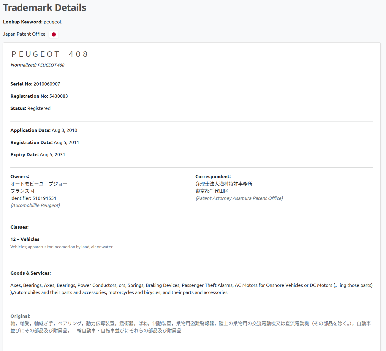 JPO trademark detail view with translated owner, representative, and Goods and Services fields